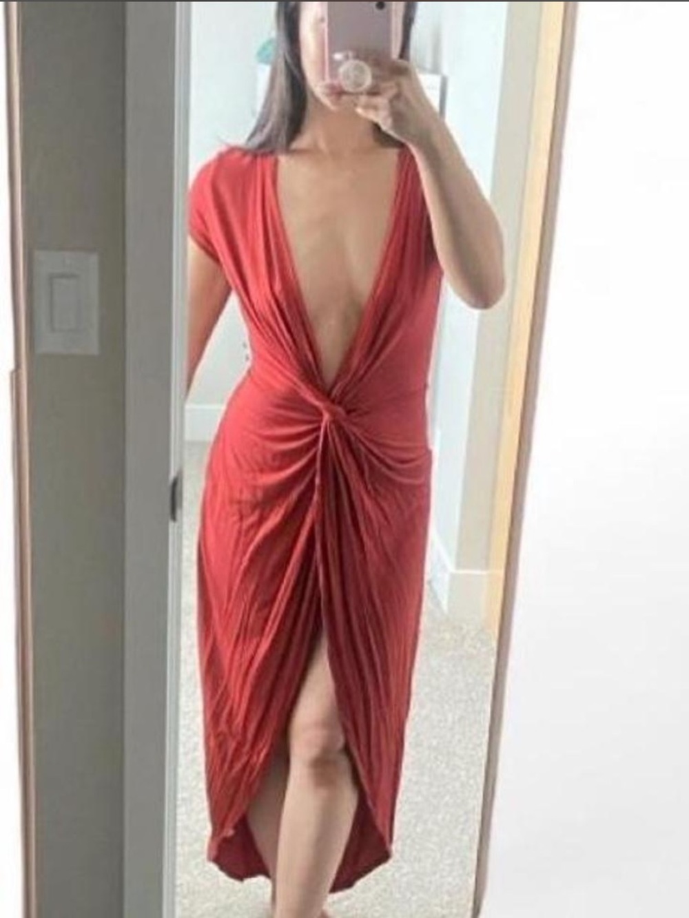 Rolla Coster Deep V Knot-Front Rust Red High-Low Dress